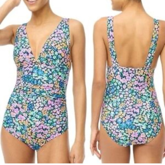 J Crew Women's One Piece Swimsuit Shelf Bra Plunge Neck Floral Ruches Sz S Beach - Picture 1 of 12